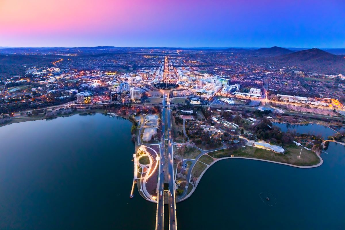 An aerial view of Canberra city at twilight