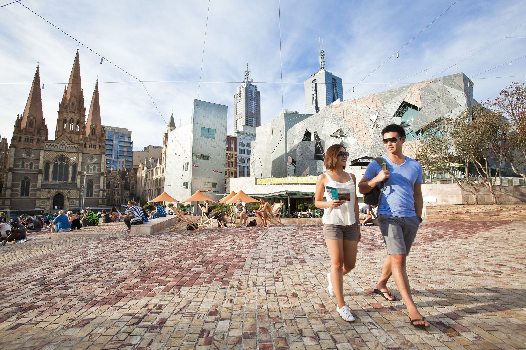 Students walking through Federation Square, Melbourne. Image courtesy of Visit Victoria. 
