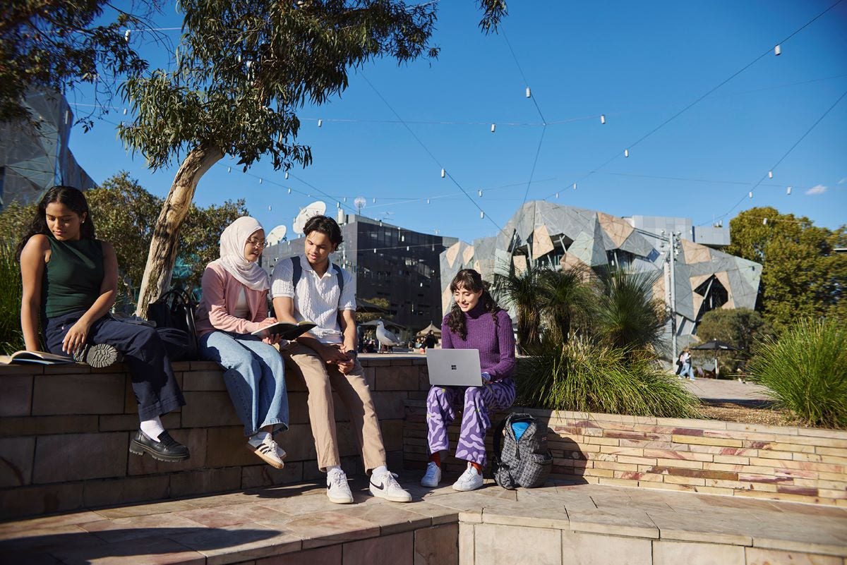 Students walking through Federation Square, Melbourne. Image courtesy of Visit Victoria. 