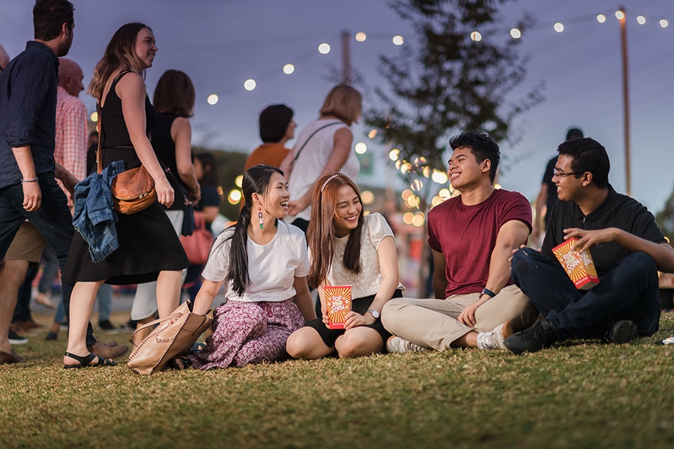 Students enjoying the outdoor cinema