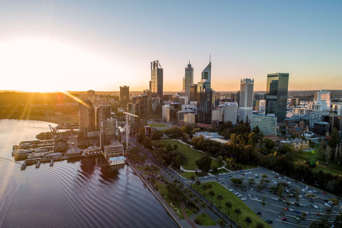 An aerial shot of Perth city at dusk