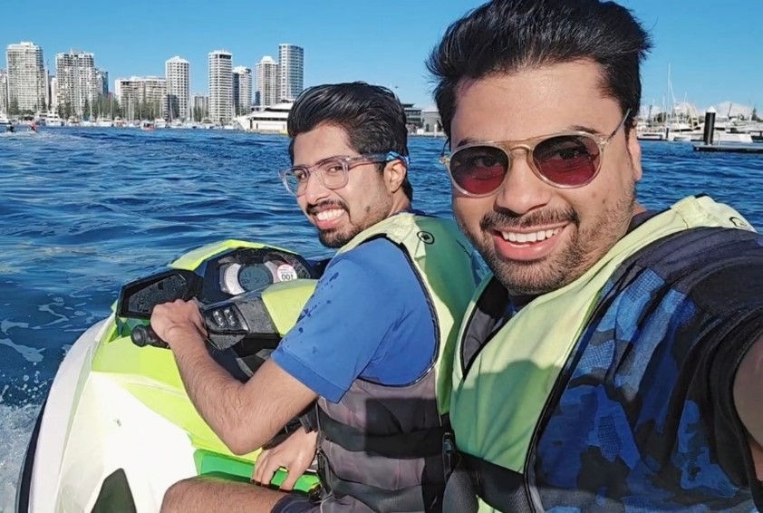 International student, Shazeb, on a jetski with a friend