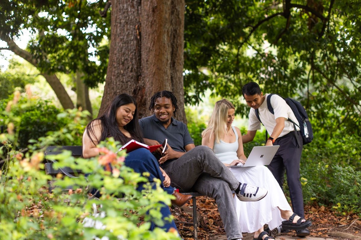 4 students chatting and working in a park 