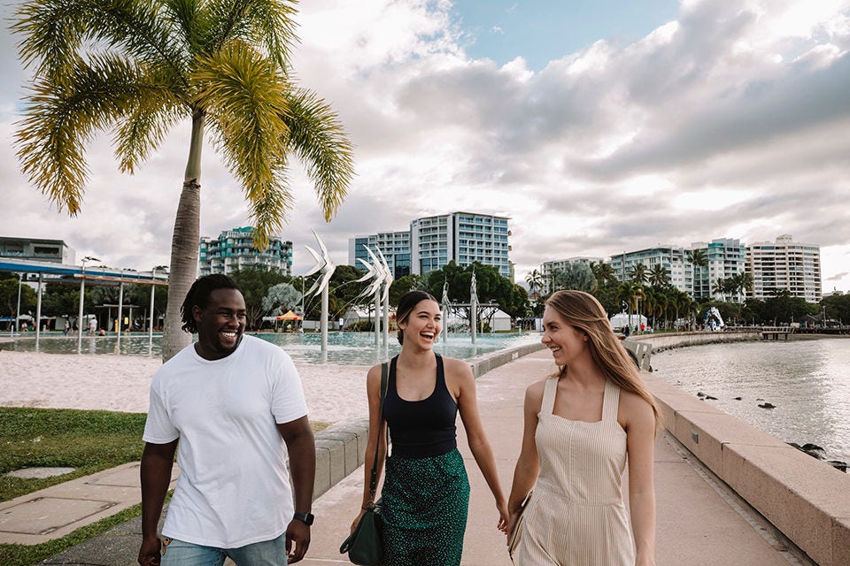 Students walking at the Cairns Esplanade Lagoon. Image courtesy of Tourism and Events Queensland.  