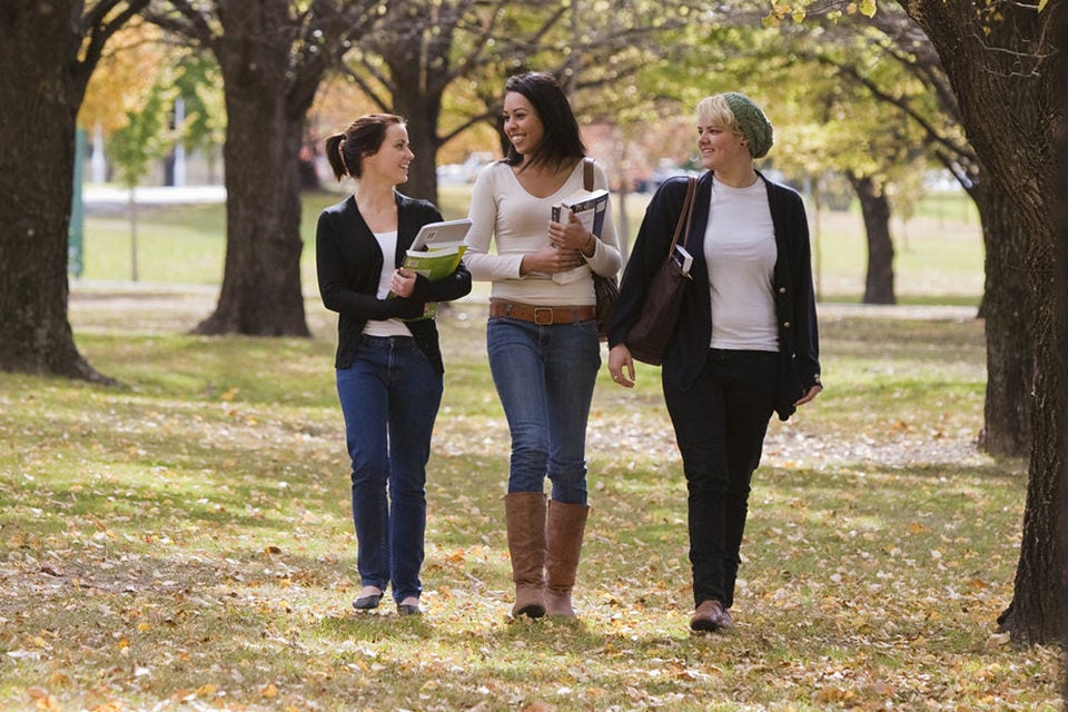 A group of students walk under trees with Autumnal leaves at the University of New England, Armidale. Image courtesy of Paul Foley/Destination NSW. 