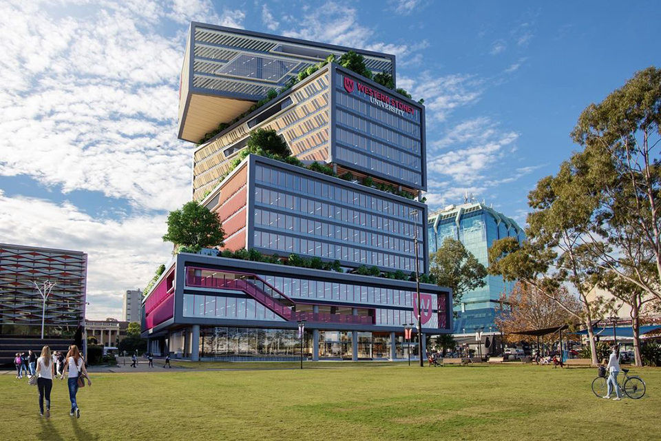 An artist's impression of the Western Sydney University Bankstown City Campus Development. It is a self-contained, 18 storey vertical campus adjacent to a green space. Image credit: Western Sydney University.